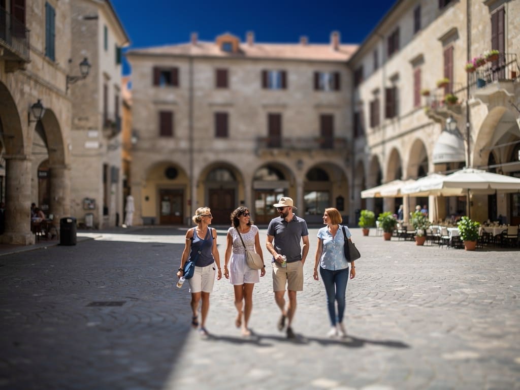 Piccolo gruppo di viaggiatori con guida locale in una piazza storica italiana