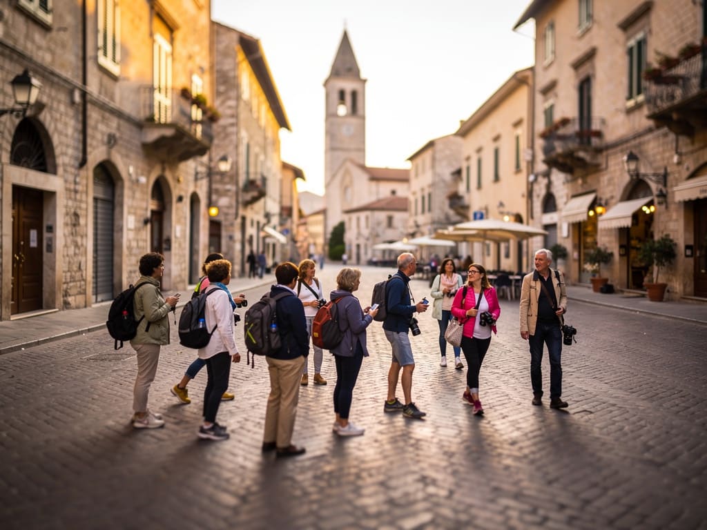 Gruppo di viaggiatori in tour guidato in un centro storico italiano